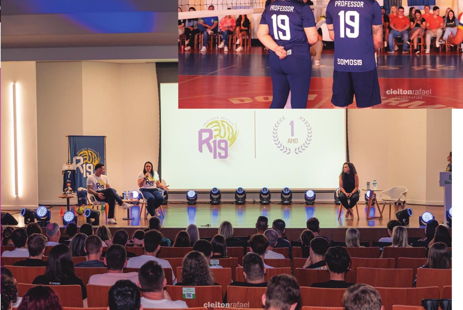 Willian e Ju no palco do auditório, em conversa com o público, diante do telão com a marca R19 1 Ano